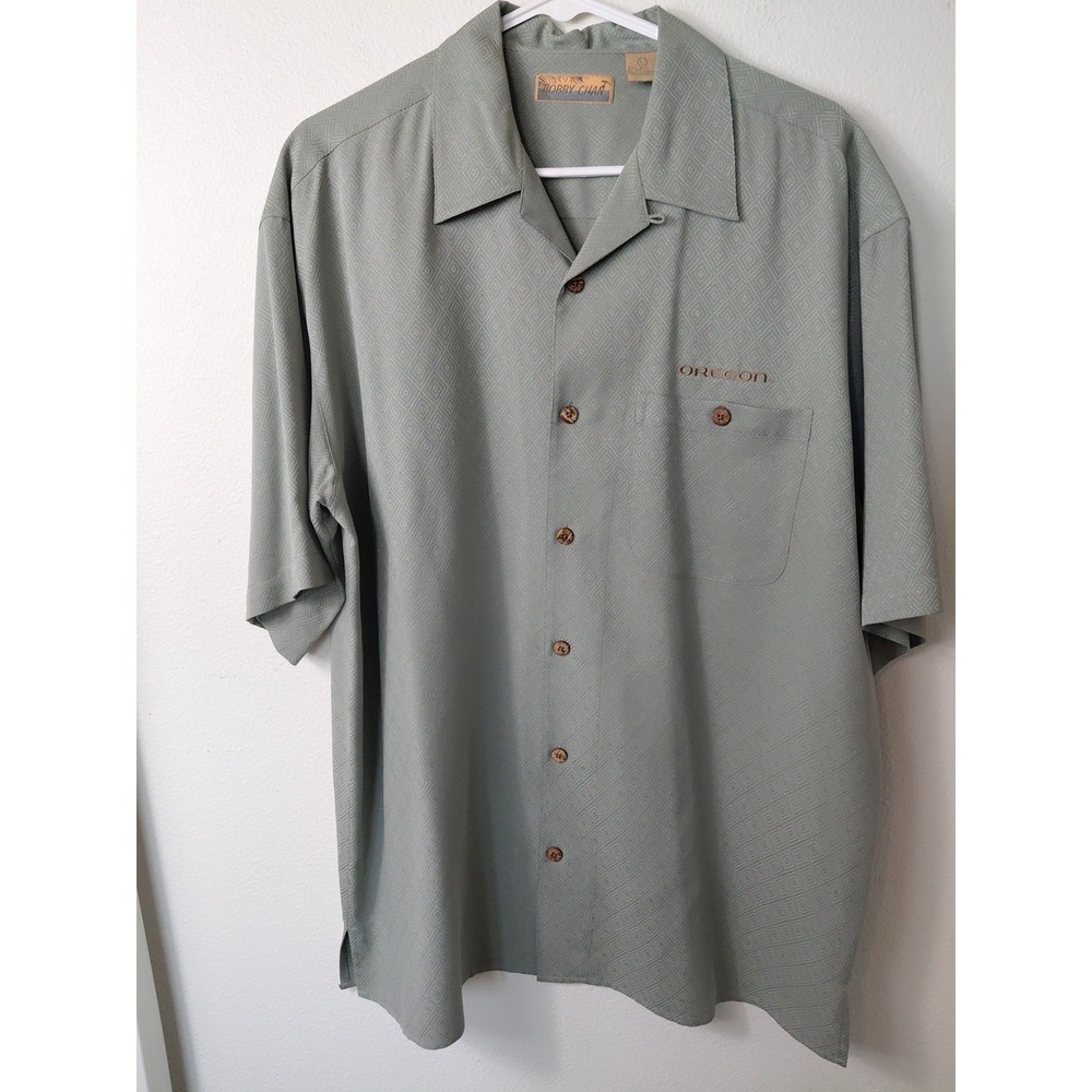 Bobby Chan Y2K Silk Shirt Men‎ L  Pocket Resort Camp Resort Travel Oregon Logo